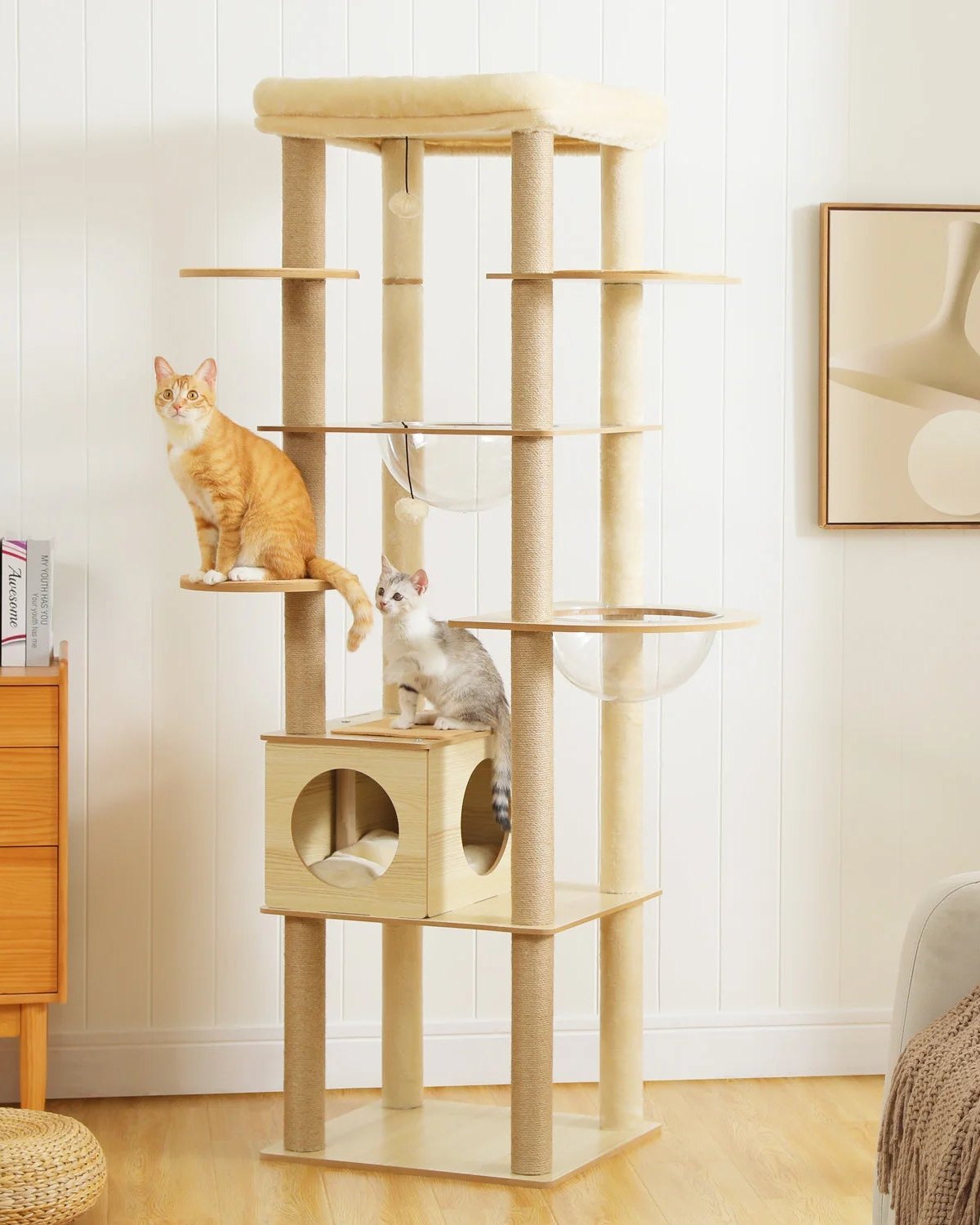 Arbre à chat en bois multi-niveaux installé dans un salon