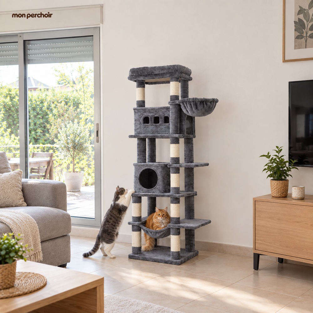 Arbre à chat 172 cm pour Maine Coon, multi-niveaux, dans une maison française