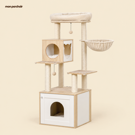 Arbre à chat en bois multi-niveaux avec hamac et niche, vue d'ensemble