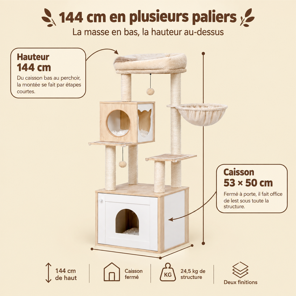 Arbre à chat en bois multi-niveaux avec hamac et niche, sa hauteur et ses paliers