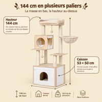 Arbre à chat en bois multi-niveaux avec hamac et niche, sa hauteur et ses paliers