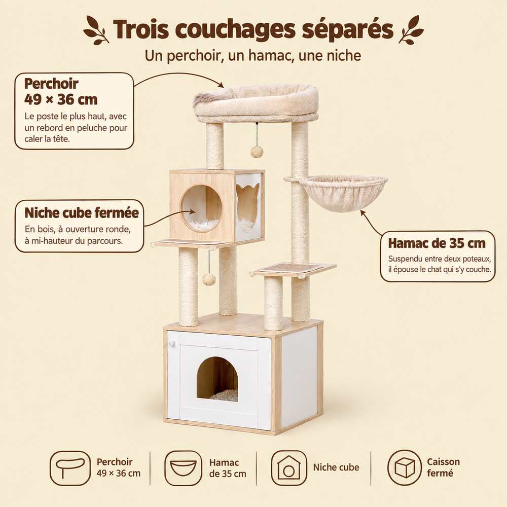 Arbre à chat en bois multi-niveaux avec hamac et niche, ses couchages