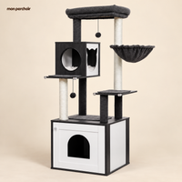 Arbre à chat en bois multi-niveaux avec hamac et niche, coloris Bois et noir