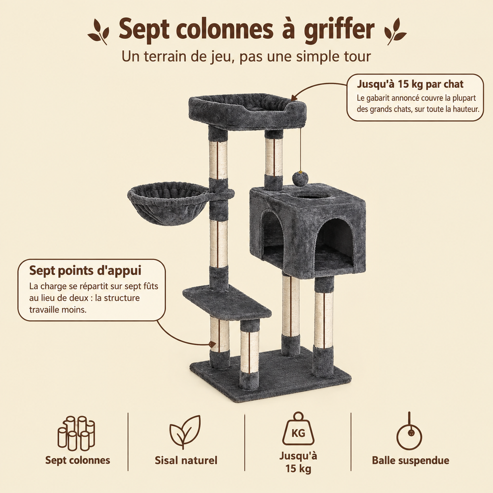 Arbre à chat compact 100 cm, 7 colonnes avec hamac, ses sept colonnes