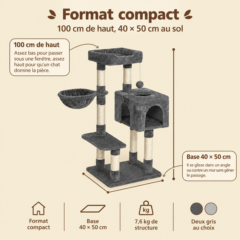 Arbre à chat compact 100 cm, 7 colonnes avec hamac, son encombrement au sol
