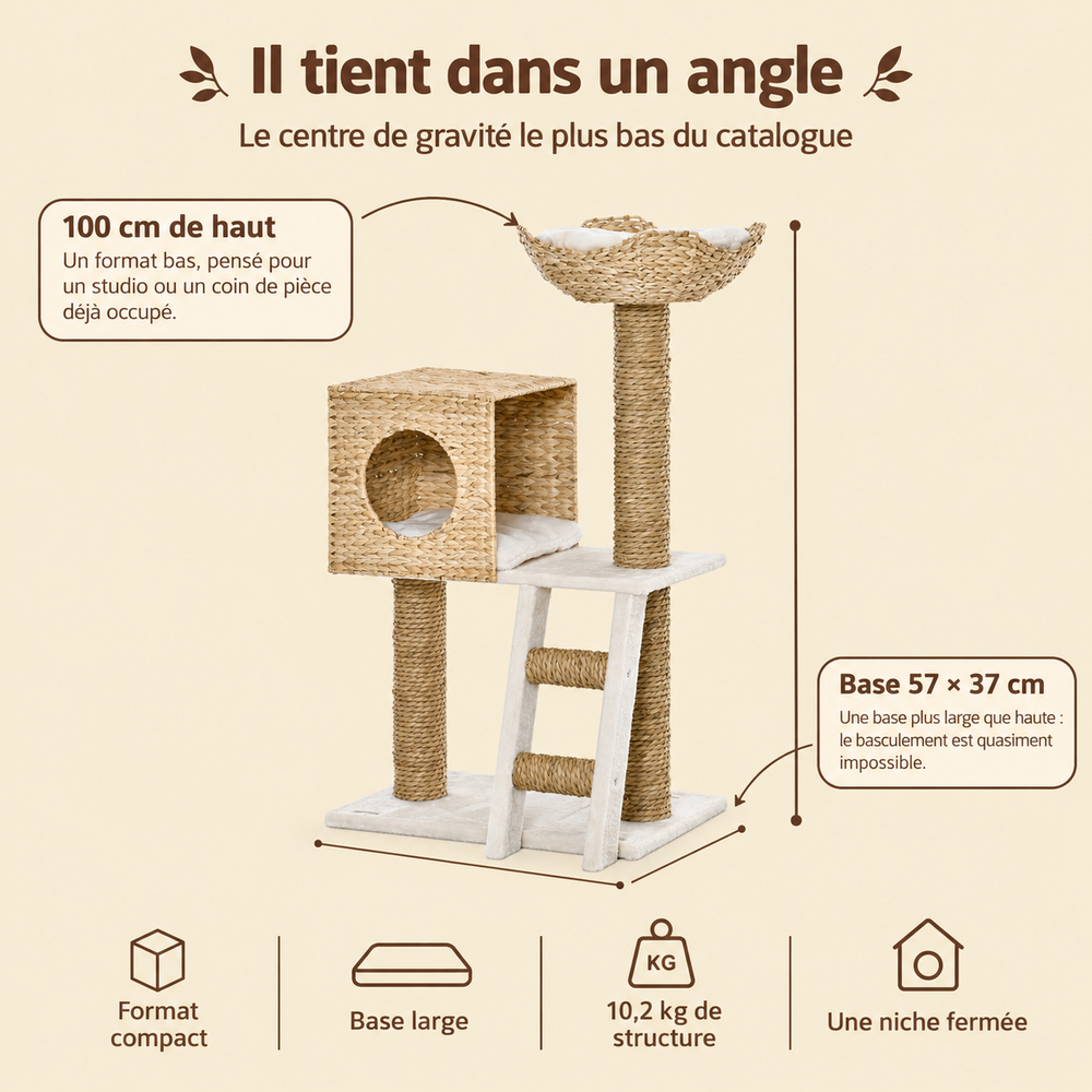 Arbre à chat compact 100 cm avec niche et couchage, son encombrement au sol