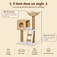 Arbre à chat compact 100 cm avec niche et couchage, son encombrement au sol