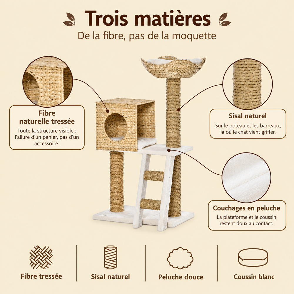 Arbre à chat compact 100 cm avec niche et couchage, ses matières