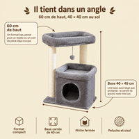 Arbre à chat compact 60 cm avec niche privative, son encombrement au sol