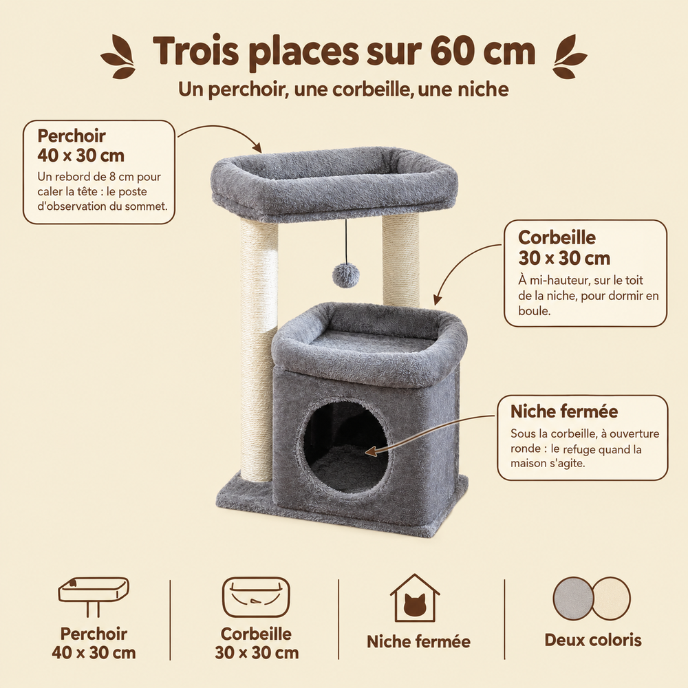 Arbre à chat compact 60 cm avec niche privative, ses couchages