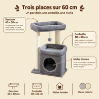 Arbre à chat compact 60 cm avec niche privative, ses couchages