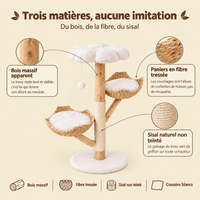 Arbre à chat design 110 cm en bois massif, ses matières