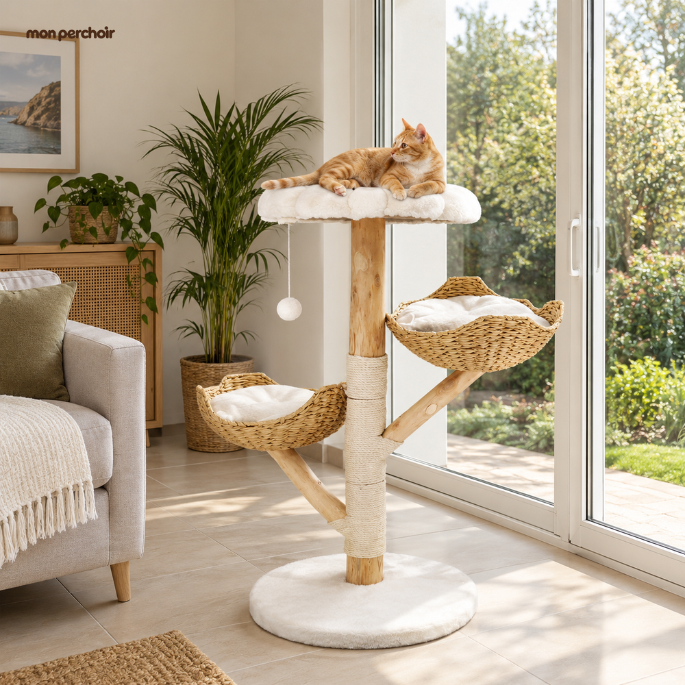 Arbre à chat design 110 cm en bois massif, dans une maison française