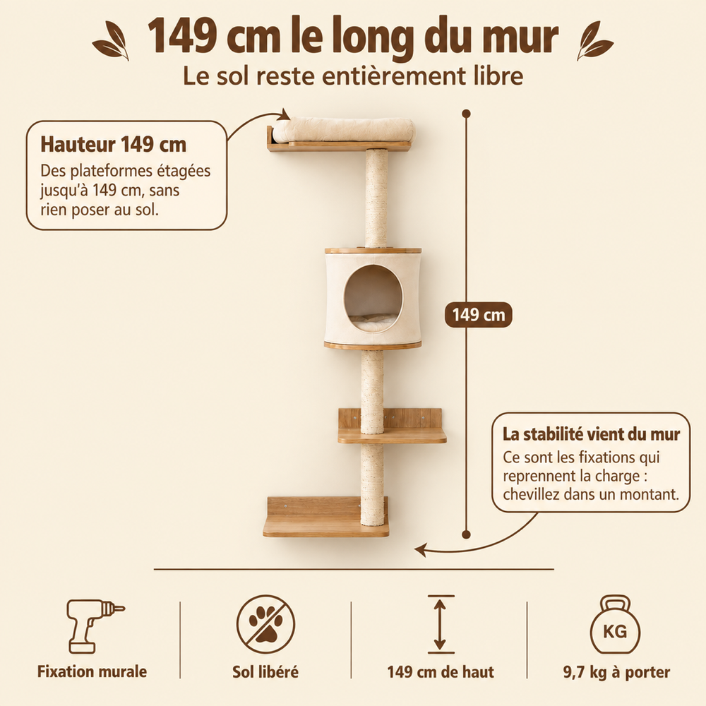 Arbre à chat mural avec plateformes et coussin amovible, sa hauteur et ses paliers