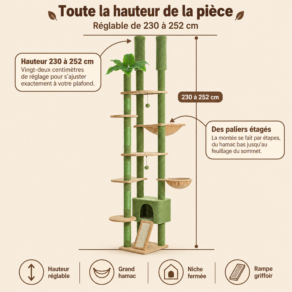 Arbre à chat sol-plafond 252 cm avec hamac et corbeille, sa hauteur réglable