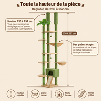 Arbre à chat sol-plafond 252 cm avec hamac et corbeille, sa hauteur réglable