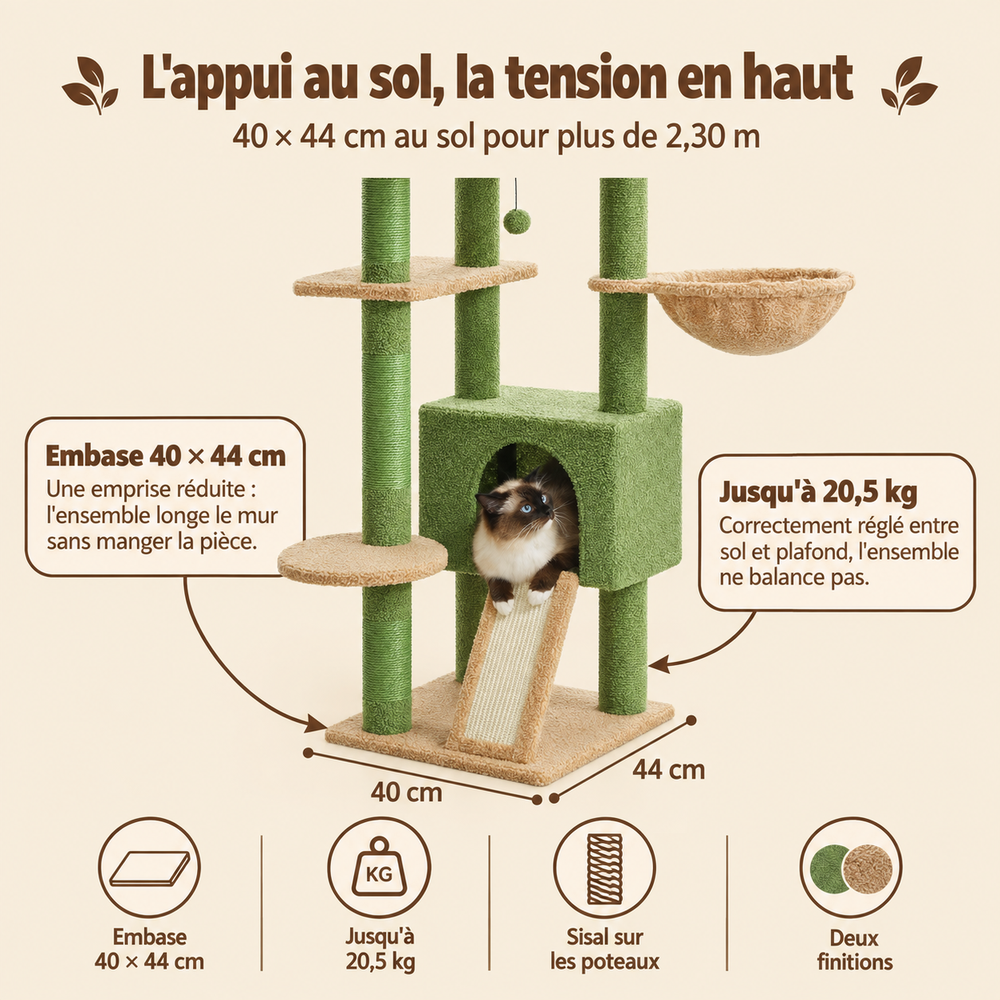Arbre à chat sol-plafond 252 cm avec hamac et corbeille, son emprise au sol