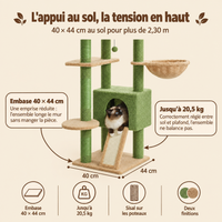 Arbre à chat sol-plafond 252 cm avec hamac et corbeille, son emprise au sol