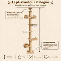 Arbre à chat sol-plafond 270 cm avec capsule transparente, sa hauteur et ses paliers