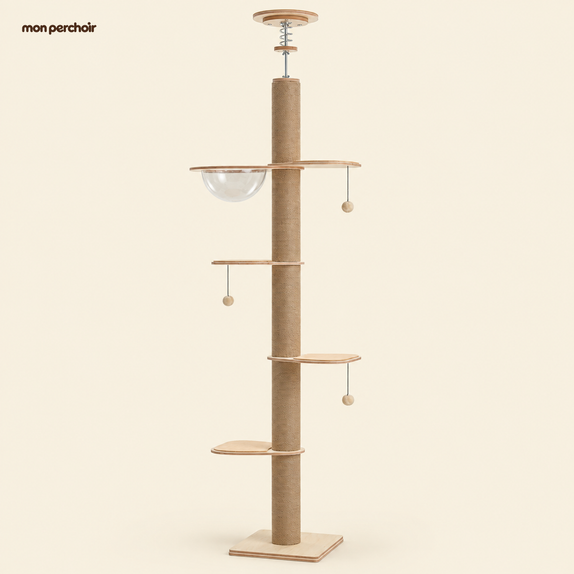 Arbre à chat sol-plafond en bois, hauteur réglable, vue d'ensemble