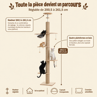 Arbre à chat sol-plafond en bois, hauteur réglable, sa hauteur réglable