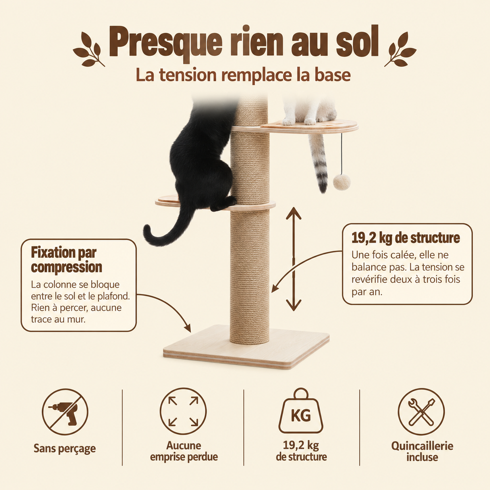 Arbre à chat sol-plafond en bois, hauteur réglable, son emprise au sol