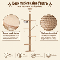 Arbre à chat sol-plafond en bois, hauteur réglable, ses matières
