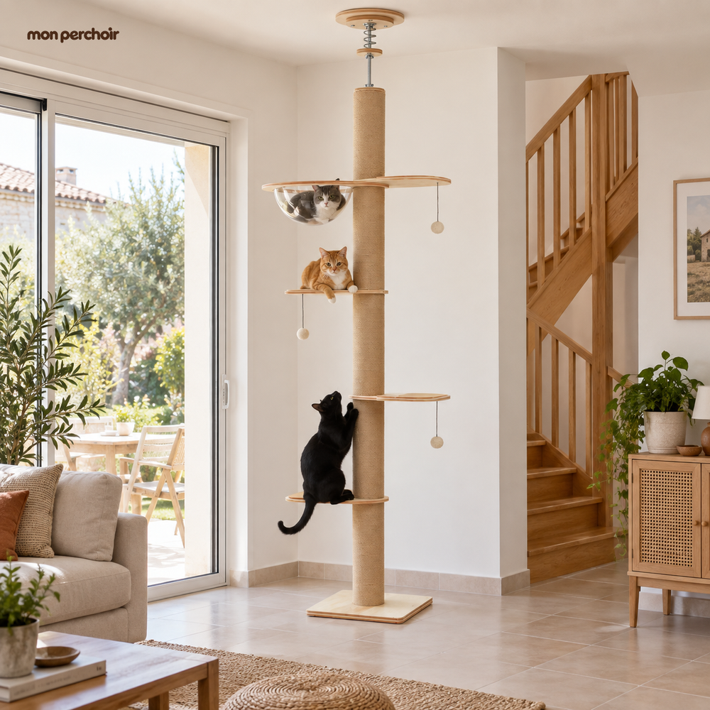 Arbre à chat sol-plafond en bois, hauteur réglable, dans une maison française