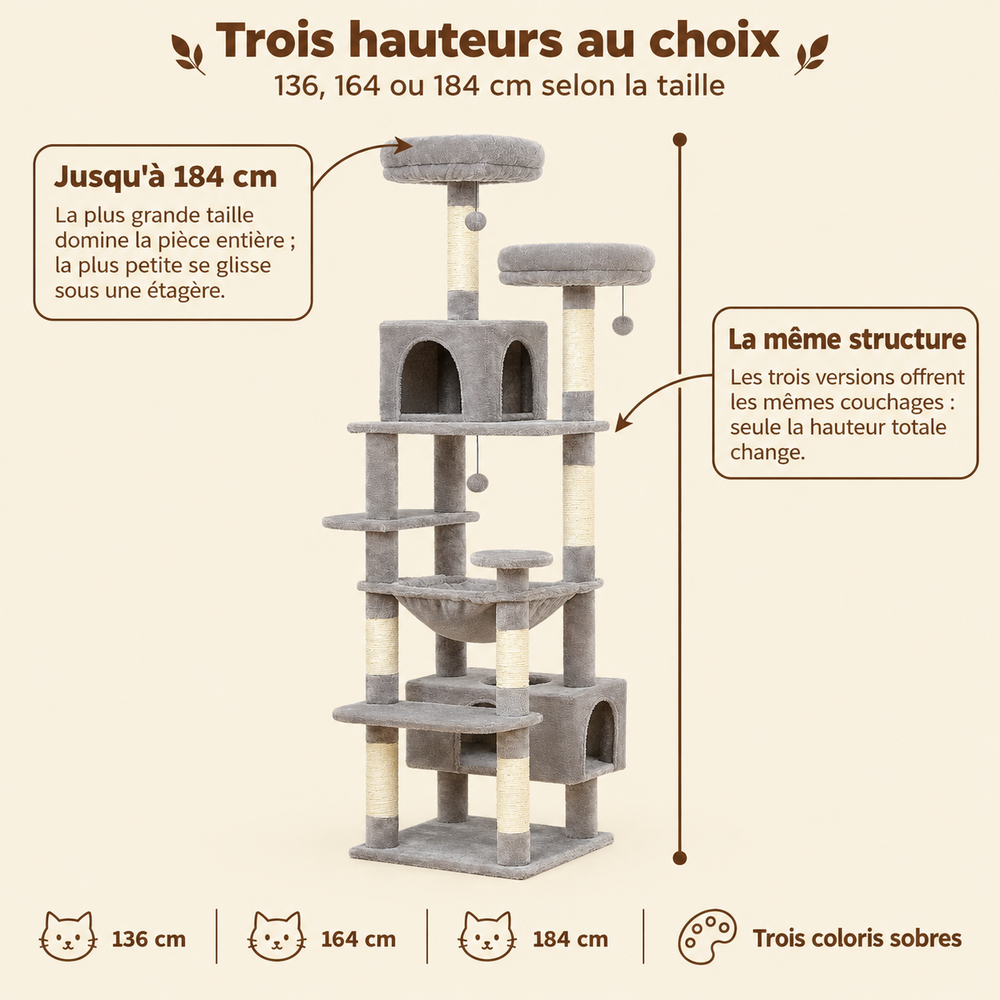 Arbre à chat XXL 136 à 184 cm avec 2 niches et grand hamac, ses trois hauteurs