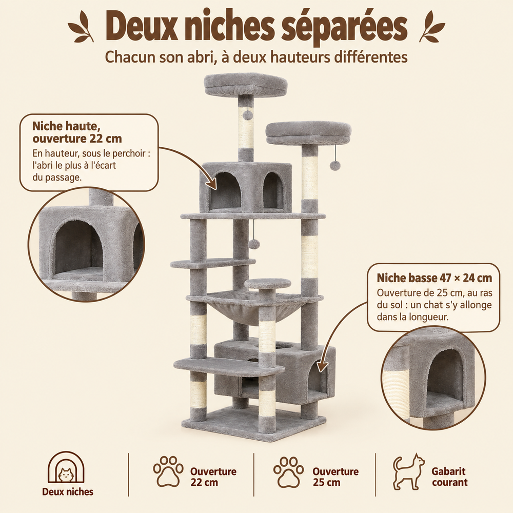 Arbre à chat XXL 136 à 184 cm avec 2 niches et grand hamac, ses niches