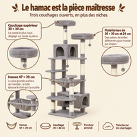 Arbre à chat XXL 136 à 184 cm avec 2 niches et grand hamac, ses couchages