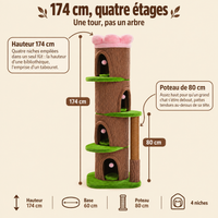 Arbre à chat XXL avec 4 niches et couchage fleur, sa hauteur et ses paliers