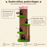 Arbre à chat XXL avec 4 niches et couchage fleur, ses niches