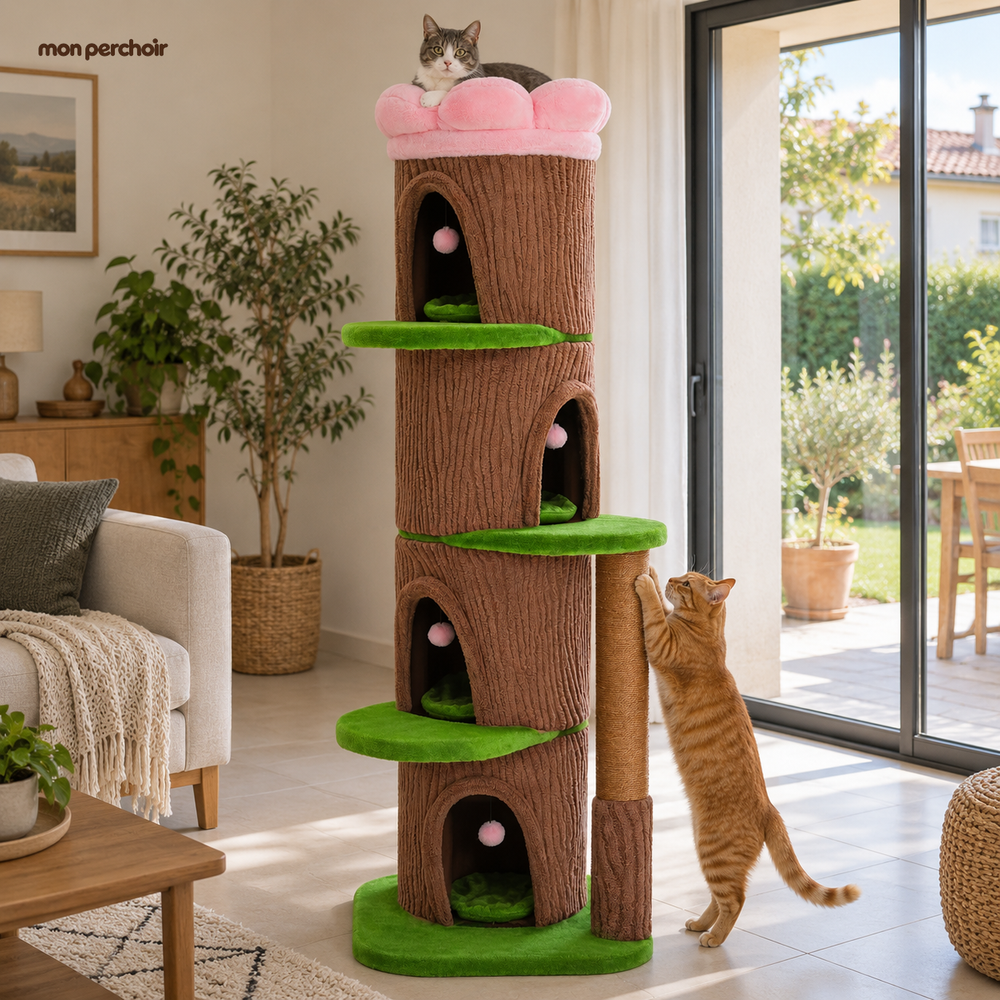 Arbre à chat XXL avec 4 niches et couchage fleur, dans une maison française