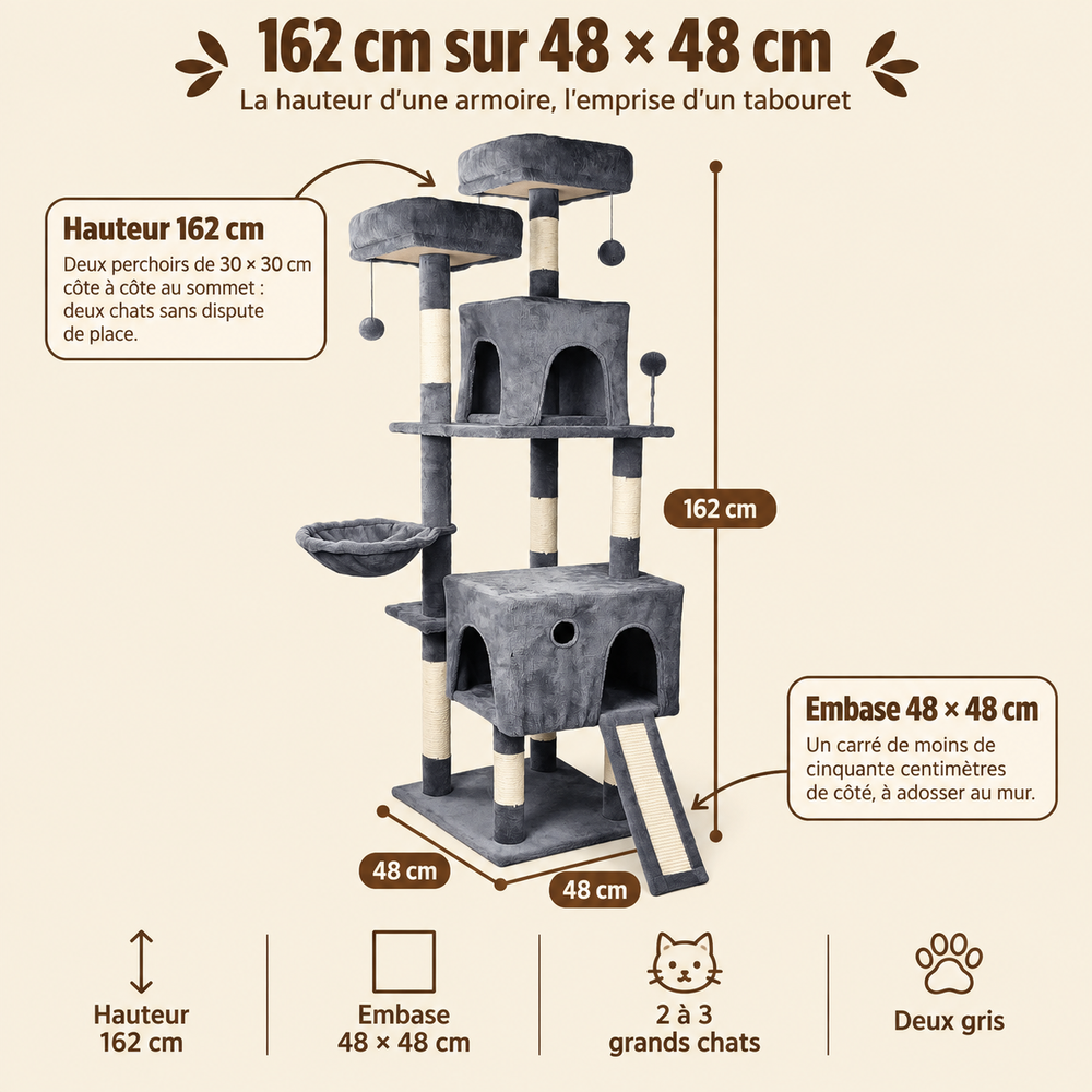 Arbre à chat XXL avec niche, jouet et poteaux sisal, sa hauteur et ses paliers