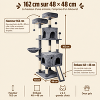Arbre à chat XXL avec niche, jouet et poteaux sisal, sa hauteur et ses paliers