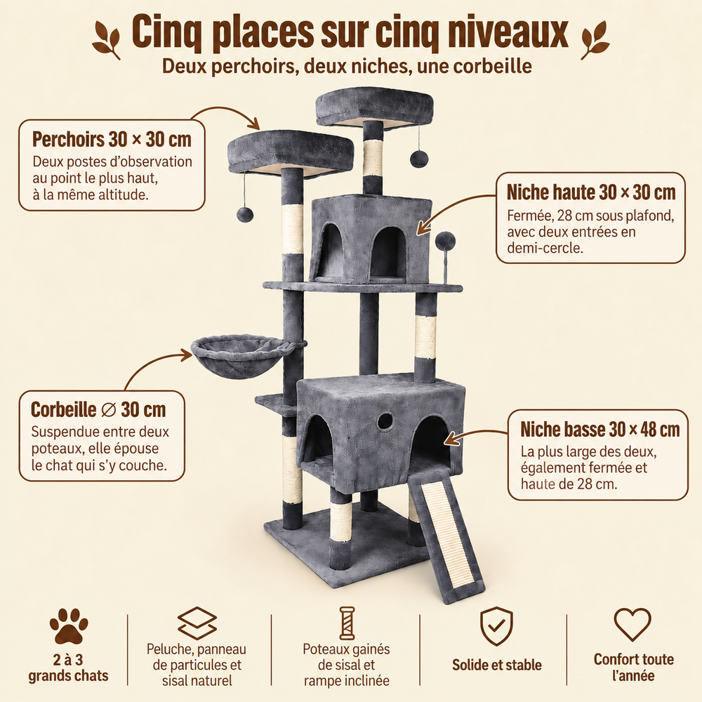 Arbre à chat XXL avec niche, jouet et poteaux sisal, ses couchages