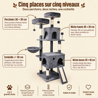 Arbre à chat XXL avec niche, jouet et poteaux sisal, ses couchages