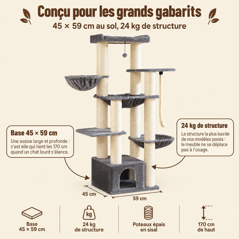 Arbre à chat XXL robuste pour Maine Coon, multi-niveaux, son emprise au sol