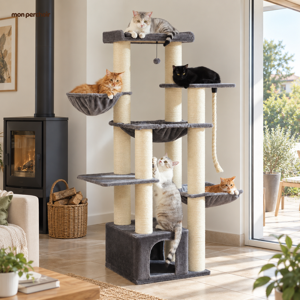 Arbre à chat XXL robuste pour Maine Coon, multi-niveaux, dans une maison française