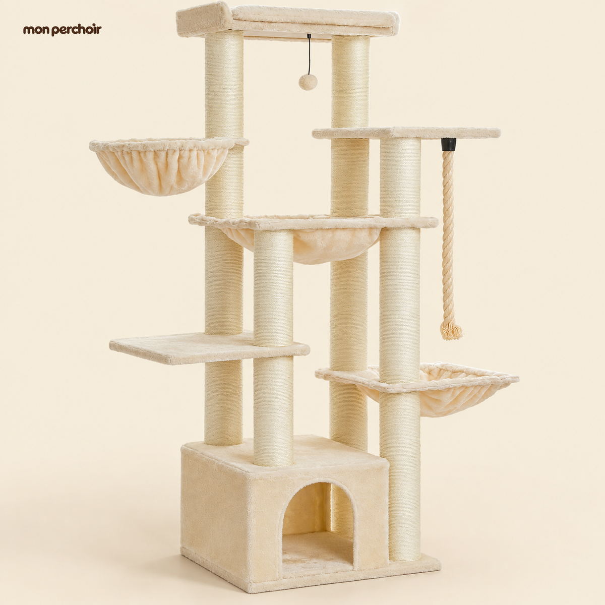 Arbre à chat XXL robuste pour Maine Coon, multi-niveaux, coloris Beige