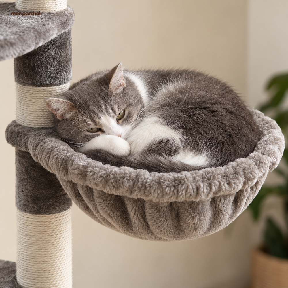 Arbre à chat XXL sol-plafond avec hamac et niche cosy