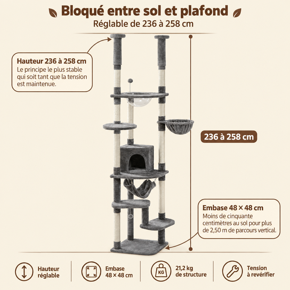 Arbre à chat XXL sol-plafond avec hamac et niche cosy, sa hauteur réglable