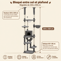 Arbre à chat XXL sol-plafond avec hamac et niche cosy, sa hauteur réglable