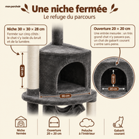 Arbre à chat XXL sol-plafond avec hamac et niche cosy, la niche fermée
