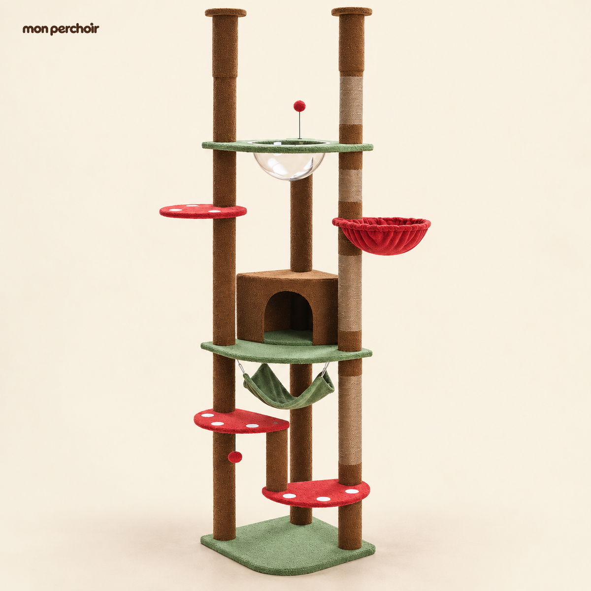 Arbre à chat XXL sol-plafond avec hamac et niche cosy, coloris Marron et vert