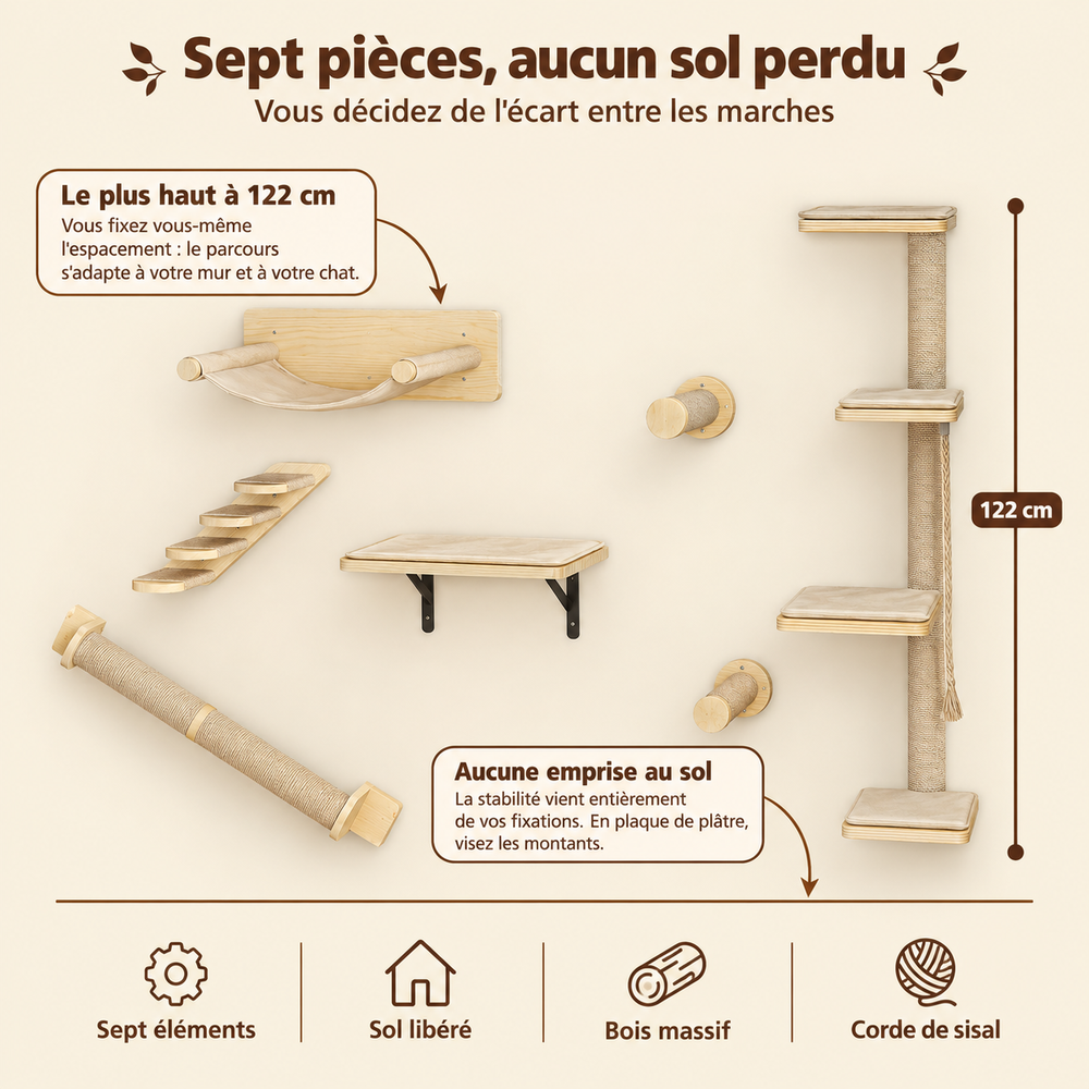 Mur d'escalade pour chat, 7 pièces en bois, son emprise au sol