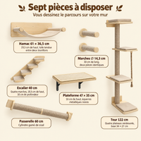Mur d'escalade pour chat, 7 pièces en bois, les sept pièces et leurs cotes
