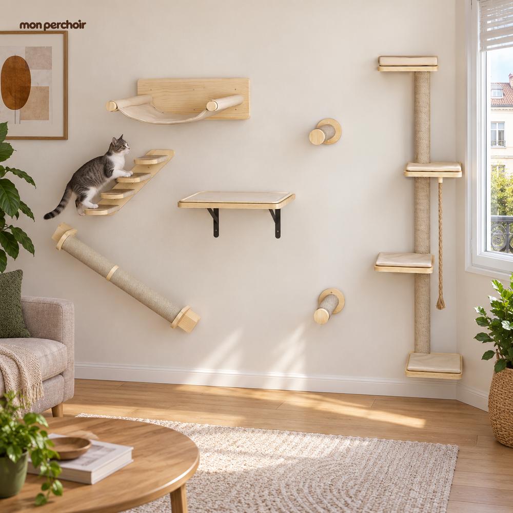 Mur d'escalade pour chat, 7 pièces en bois, dans un appartement français