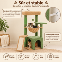 Petit arbre à chat avec grande niche et griffoirs, sa sangle anti-basculement